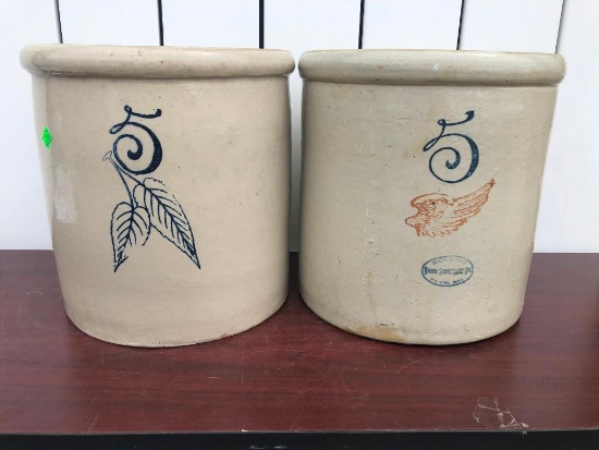 Pair of 5 Gallon Crocks, Redwing and Birch Leaf