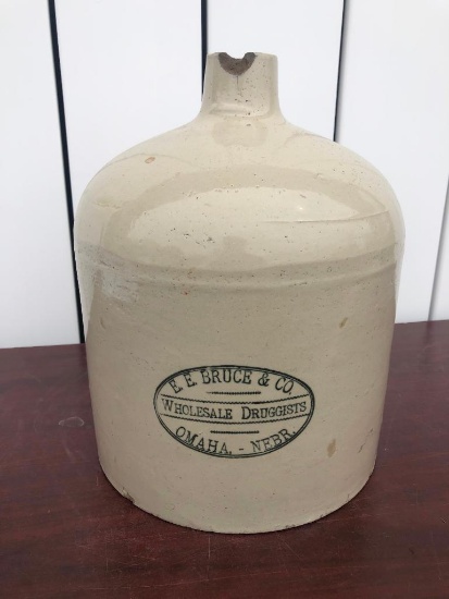 E.E. Bruce & Co. Wholesale Druggists Omaha, NEBR. Stoneware Crock (Broken Handle)
