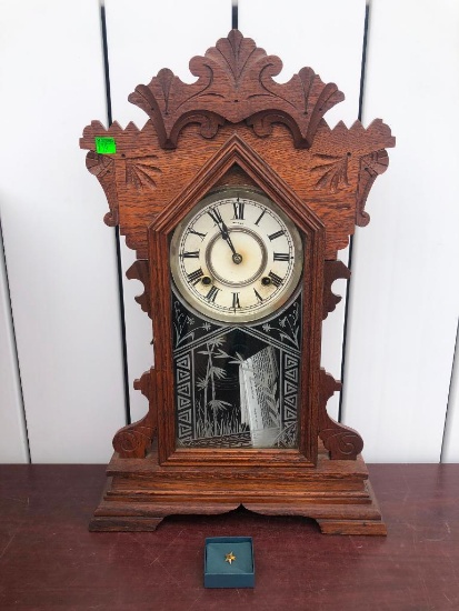Early Wood Case Kitchen Clock dated 1894, Recently Serviced, Complete, Etched Glass Door