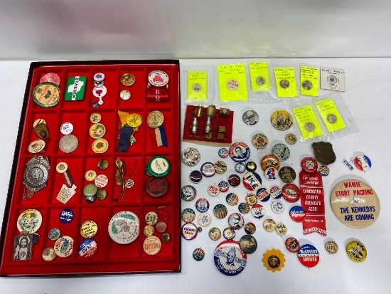 Large Group of Political and Random Themed Pin Back Buttons, Badges, Ribbons, Cereal Premiums