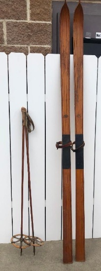 Antique Wooden Snow Skis and Ski Poles