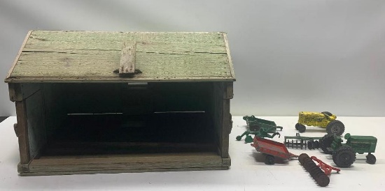 Folk Art Wooden Barn and Small Farm Toys