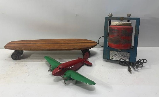 Old Surf Board Style Skateboard with Iron Wheels, Pressed Steel Airplane, Rock Tumbler