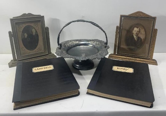 Antique Picture Frames w/ Photos, Silver Plate Brides Basket, Old Magazine Albums w/ Vintage Ads