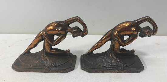 Pair of Art Nouveau Bronze Book Ends, Approx. 8in Wide Each