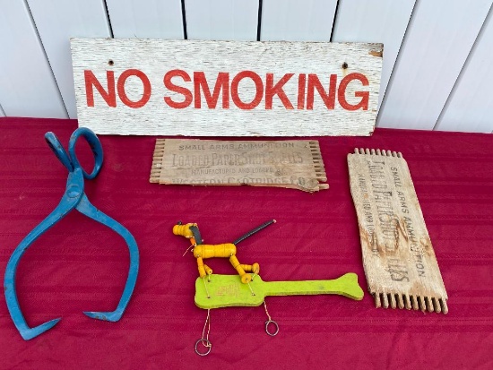 Wooden Peony Park No Smoking Sign, Sides of Ammo Crates, Push-Em-Up Dog Toy, Ice Tongs