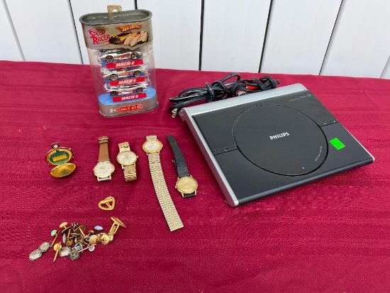 Portable DVD Player, Hot Wheels, Cuff Links and Misc. Watches