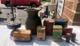 Spitoon, Cruet Set (Some Damaged Bottles), Old Tobacco Tins, Other Tins