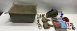 Militaria: Military Galvanized Tote, U.S. Calvary Pins, Buttons, Supplies, RR Scoop, Eye Wash Glass