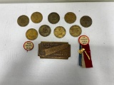 Brass Whorehouse Brothel Tokens, Omaha Chicago Lumber Paperweight, Pin Back & Ribbon
