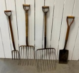 Old Farm Tools, Pitchforks, Spade