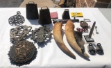 Misc. Cast Iron Markers, Powder Horn Parts, Cow Bells