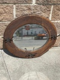 Antique Round Oak Mirror and Coat Rack, Some Wood Missing (See Flat Edge)