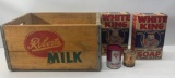 Old Roberts Milk Wooden Crate, 2 NOS White King Soap Boxes w/ Product (King Pip), 2 Oil Cans