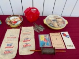 Misc. Collectibles: Seashells, Canvas Shot Bags, Kite String, Vintage Scale Pamphlets, 50's Pitcher