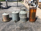 Vintage 5 Gallon Oil Can, Vintage Copper Fire Guard Pmp, Chicken Feeders