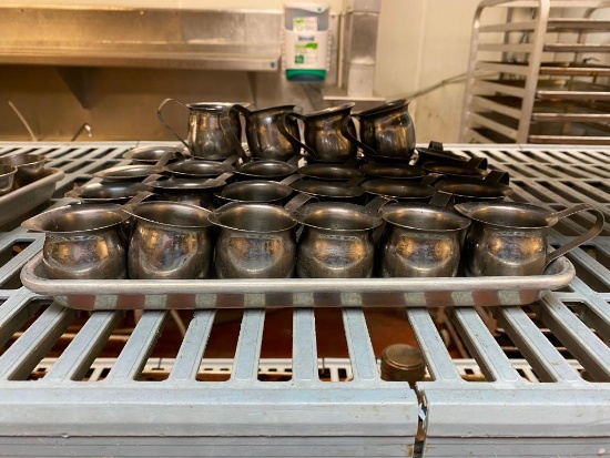 Tray of Stainless Steel Creamers, 28 Total, 3 Silver Plate Trays, 2 Pie Cutters