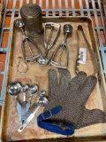 Tray of Utensils, Chain Mail Glove, Scoops, Tongs, Measuring Spoons