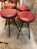 Lot of 4 Swivel Barstools, 4 Steel Legs, Chrome Ring, Red Vinyl Round Seats, 30in Tall, 16in Seat