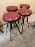 Lot of 4 Swivel Barstools, 4 Steel Legs, Chrome Ring, Red Vinyl Round Seats, 30in Tall, 16in Seat