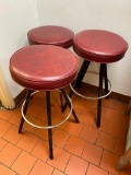 Lot of 3 Swivel Barstools, 4 Steel Legs, Chrome Ring, Red Vinyl Round Seats, 30in Tall, 16in Seat
