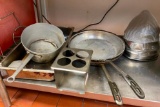 Assorted Lot of 2 Skillets, 2 Strainers, Potato Masher, Sauce Pan, Fry Pan