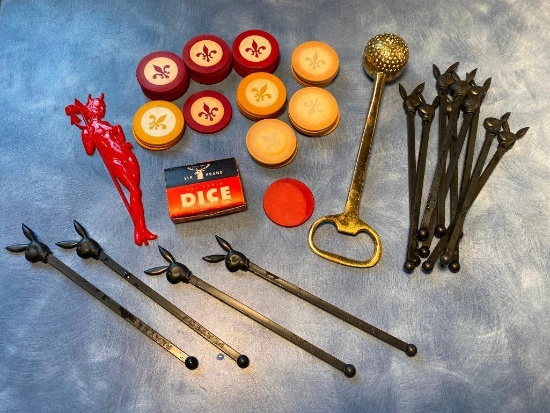 Vintage Poker Chips, Golf Bottle Opener, Playboy Swizzle Sticks, Vintage Mini Dice