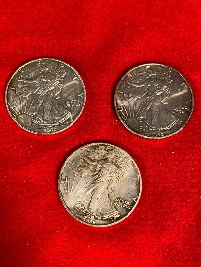 Three One Ounce Silver Eagle Silver Dollars, 1990, 1992 & 2002, .999 Pure Silver, 3oz of Silver