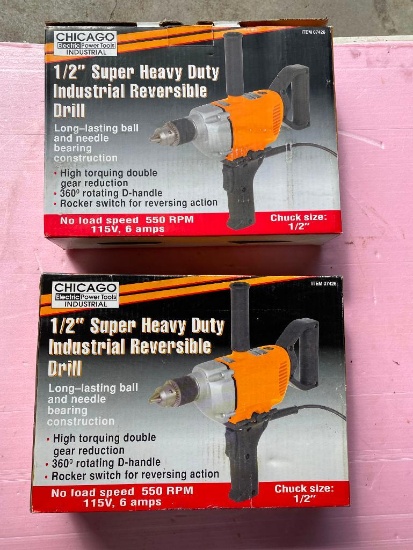 (2) Chicago Electric Power Tools 1/2" Super Duty Industrial Reversible Drill,