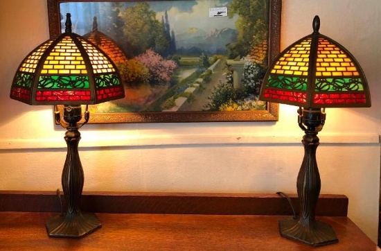 (2) Two Six Panel Caramel Slag Glass Lamps 16" with 6"x7" Shades, Matching, Beautiful