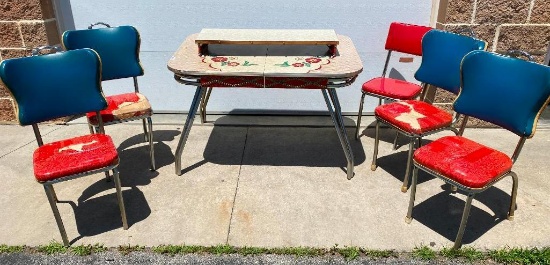 Retro 1950's Chrome Craft Kitchen Table, with leaf and four matching chairs 59"x36" with leaf