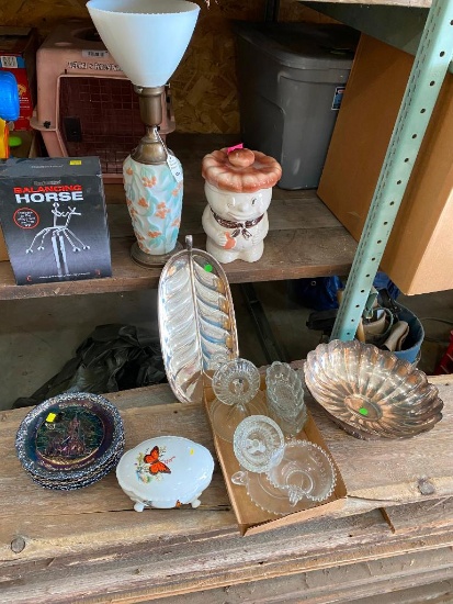 Large Lot of Household Items, Silverware, Balance Horse, Lamps, Cookie Jar, Carnival Glass Plates