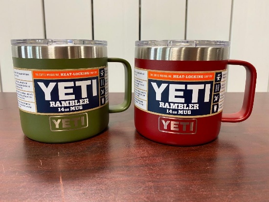 (2) YETI 14oz Mugs - 1 Olive & 1 Brick Red