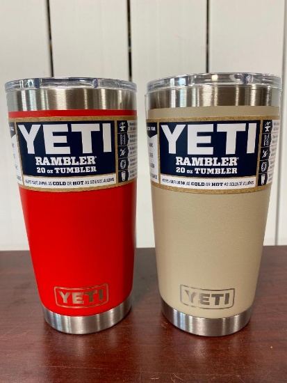 (2) YETI 20oz Ramblers - 1 Canyon Red & 1 Sand