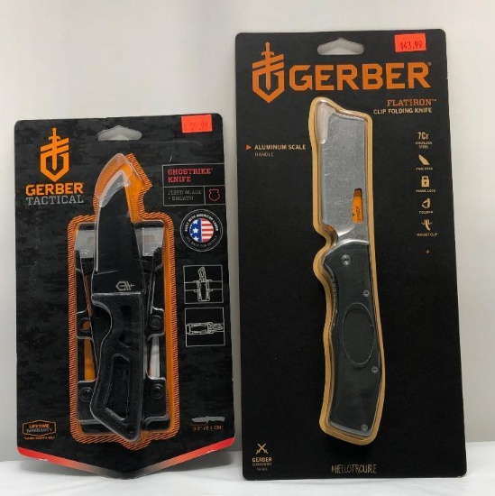 (2) Gerber Flatiron Clip Folding Knife and Gerber Ghoststrike Fixed Blade Knife w/Sheath
