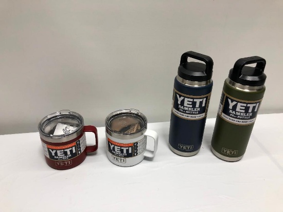 4 Items, Yeti, (2) Rambler Mug 14oz, (2) Rambler 26oz Bottle, Brick Red, White