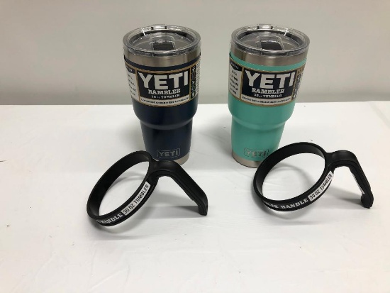 4 Items, Yeti, 2 Rambler Tumbler 30oz, Navy, Seafoam, 2 Rambler Handle 30oz Tumbler