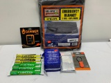 12 Items: 3lb Emergency Blanket, DATREX Emergency Rations, 5 Star Gear Space Blanket, JetScream