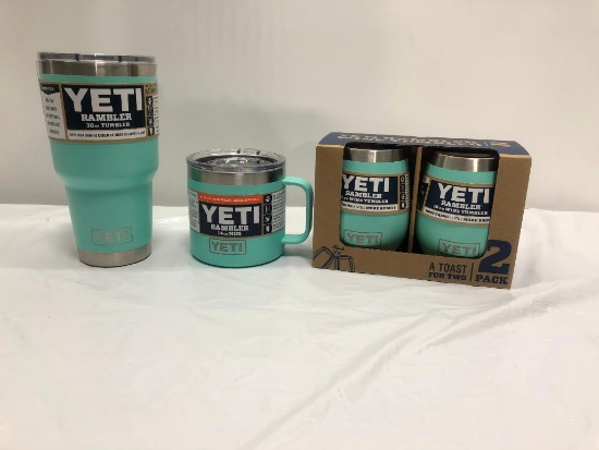 3 Items; YETI Rambler 30oz Tumbler, Rambler 14oz Mug , 2 Pack Rambler 10oz Wine Tumbler