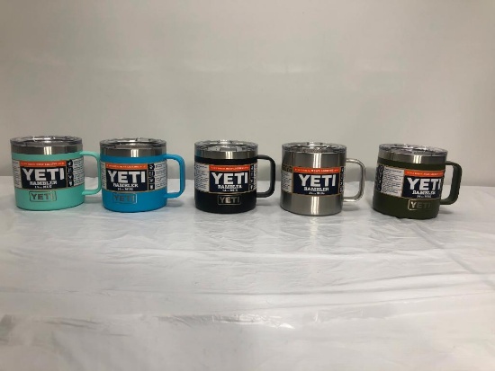 5 Items; YETI Rambler 14oz Mug , Seafoam, Reef Blue, Black, Stainless Steel and Olive Green