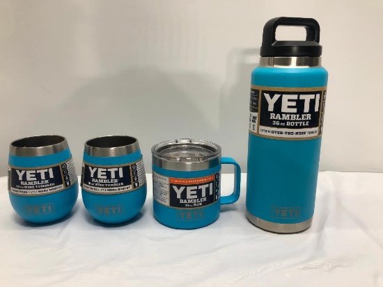 4 Items; YETI 2 Rambler 10oz Wine Tumbler, Rambler 14oz Mug, Rambler 36oz Bottle, Reef Blue