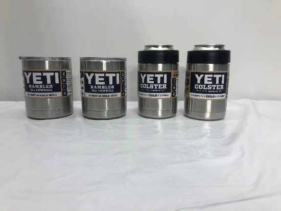 4 Items; YETI 2 Rambler 10oz Lowball, 2 Colster Stainless Steel