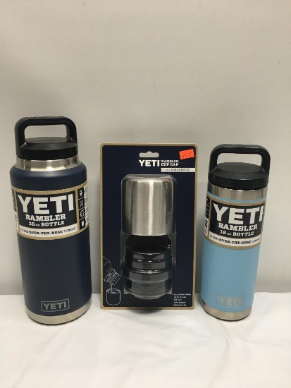 3 Items; YETI Rambler 36oz Bottle, Rambler Cup Cap, Rambler 18oz Bottle, Navy, Sky Blue