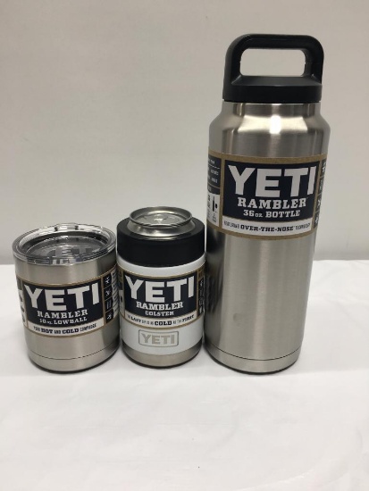 3 Items; YETI Rambler 10oz Lowball, Rambler Colster, Rambler 36oz Bottle, Stainless Steel , White