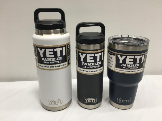 3 Items; YETI Rambler 36oz Bottle, Rambler 18oz Bottle, Rambler 30oz Tumbler, White, Charcoal