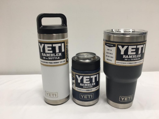 3 Items; YETI Rambler 18oz Bottle, Rambler Colster, Rambler 30oz Tumbler, White, Navy, Charcoal