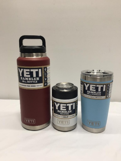 3 Items; YETI Rambler 36oz Bottle, Rambler Colster, Rambler 20oz Tumbler, Brick Red, White , Sky