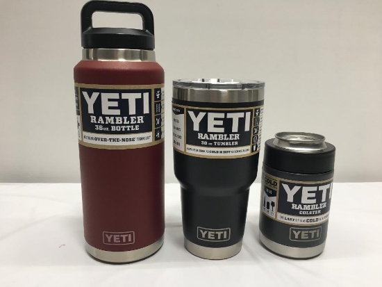 3 Items; YETI Rambler 36oz Bottle, Rambler 30oz Tumbler, Rambler Colster, Brick Red, Black