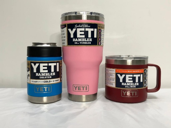 3 Items; YETI Rambler 30oz Tumbler, Rambler 20oz Tumbler, Rambler 14oz Mug, Black, Navy, Tahoe