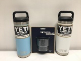 3 Items ; YETI Rambler 18oz Bottle, Rambler Hot Shot Cap , Sky Blue, White